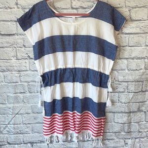 Pottery Barn Red White Blue Drawstring Side Tie Cinched Waist Fringe Swim Cover